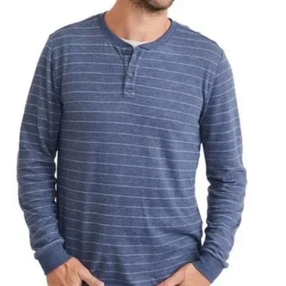 Marine Layer Blue Long Sleeve Tee with Striped Pattern and Henley Neckline